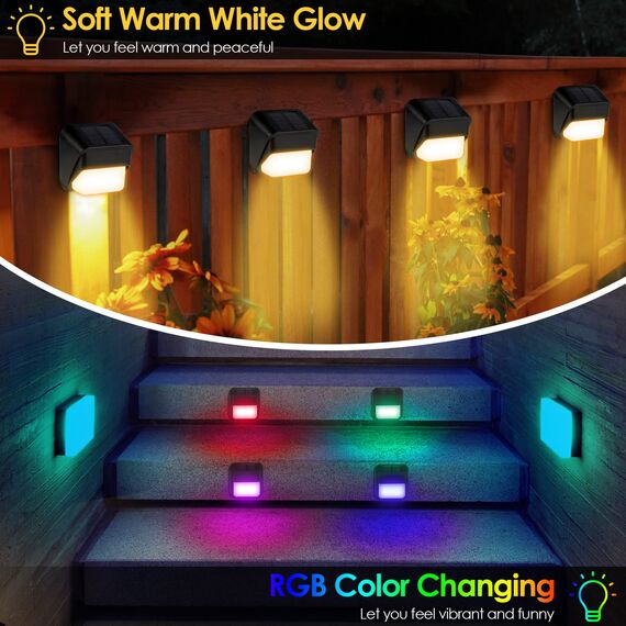 ZWOOS 4er-Set Solarlampen für Außen Garten, Warmweiß/RGB Farbwechselnde, Solar Wandleuchte Aussen LED für Terrasse, Zaun, Stufen und Treppen