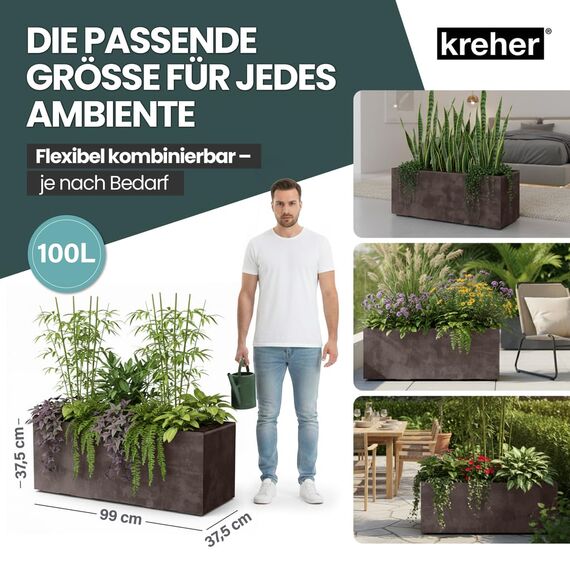 Kreher XL Pflanzkasten Millennium in verschiedenen Formaten und Farben. Tolle Naturstein Optik in Braun, Beige, Anthrazit oder Grau! Aus robustem Kunststoff! (100 Liter (rechteckig) Braun)