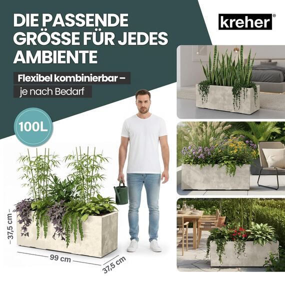 Kreher XL Pflanzkasten Millennium in verschiedenen Formaten und Farben. Tolle Naturstein Optik in Braun, Beige, Anthrazit oder Grau! Aus robustem Kunststoff! (100 Liter (rechteckig) Beige)