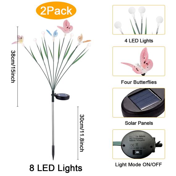 Solarlampen für Außen Garten, 2 Stück 8LEDs Solar Schmetterling, Wasserdicht 2 Modes Solarlampen Swaying Schmetterling Garten Lichter für Büsche, Rasen, Terrasse, Outdoor Frühlingsdeko Draußen