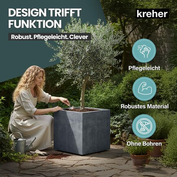 Kreher XL Pflanzkasten Millennium in verschiedenen Formaten und Farben. Tolle Naturstein Optik in Braun, Beige, Anthrazit oder Grau! Aus robustem Kunststoff! (80 Liter Grau)