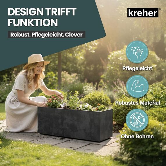 Kreher XL Pflanzkasten Millennium in verschiedenen Formaten und Farben. Tolle Naturstein Optik in Braun, Beige, Anthrazit oder Grau! Aus robustem Kunststoff! (100 Liter (rechteckig) Anthrazit)