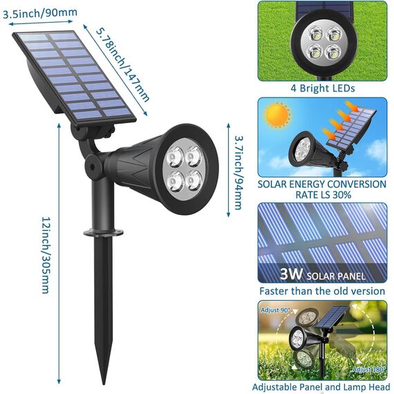 T-SUNUS Gartenstrahler Solar, 4 LED Solarstrahler für Außen mit 2 Helligkeitsmodi, Auto ON/OFF, IP65 Wasserdicht Solarlampen Gartenleuchte für Baum Yard Patio Hof Garten Grün 4 Stück
