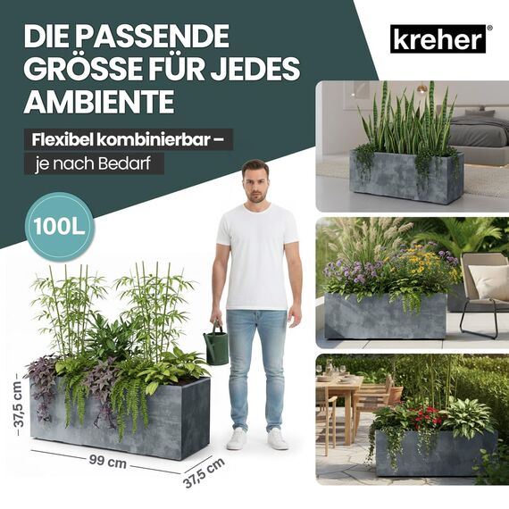 Kreher XL Pflanzkasten Millennium in verschiedenen Formaten und Farben. Tolle Naturstein Optik in Braun, Beige, Anthrazit oder Grau! Aus robustem Kunststoff! (100 Liter (rechteckig) Grau)