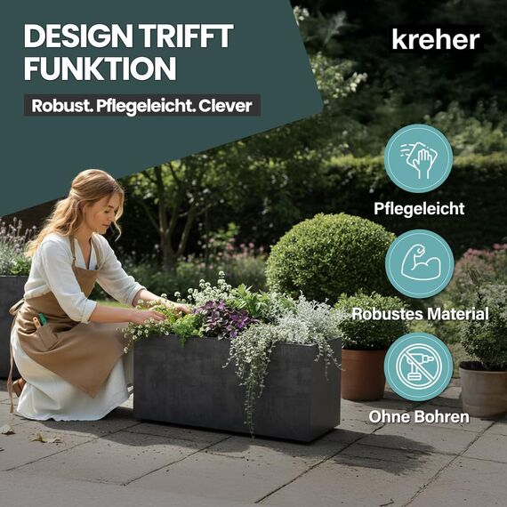 Kreher XL Pflanzkasten Millennium in verschiedenen Formaten und Farben. Tolle Naturstein Optik in Braun, Beige, Anthrazit oder Grau! Aus robustem Kunststoff! (73 Liter (rechteckig) Anthrazit)