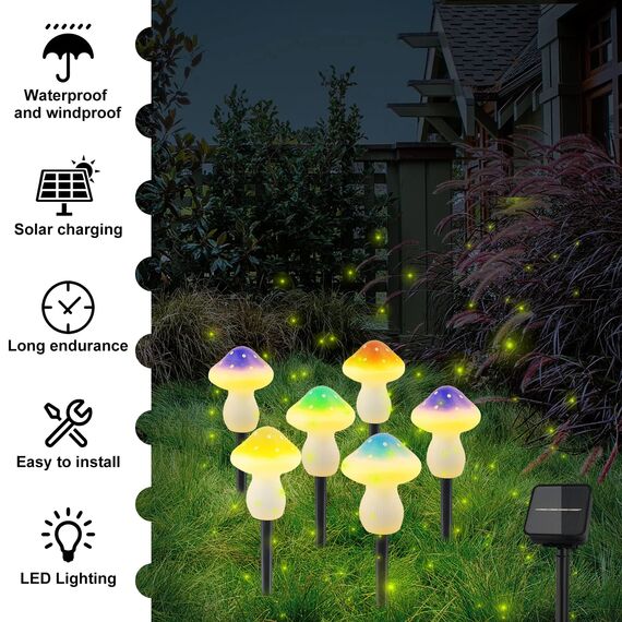T-SUN 6 LED Solar Pilze Lichterkette Aussen Solarlampen für Außen Garten Pilz Lampe Gartendeko für Draußen IP65 Wasserdicht, 8 Lichtmodi für Gärten, Innenhöfe, Rasenflächen, Terrassen Warmweiß