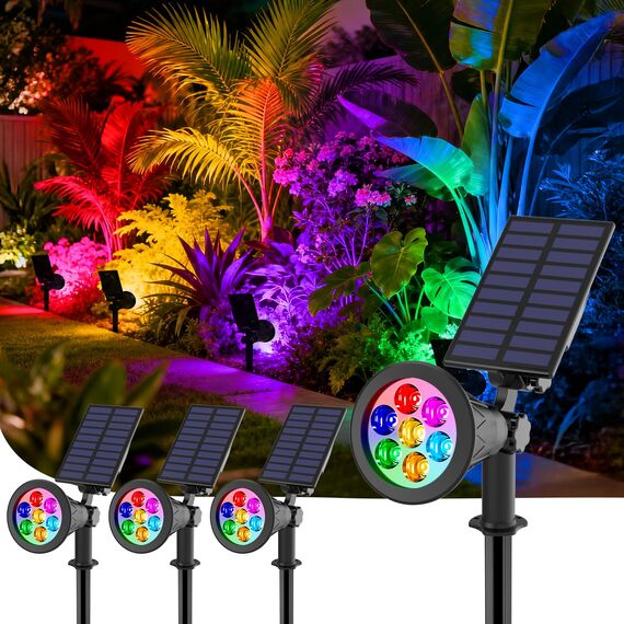 T-SUNUS Solarstrahler Garten Mehrfarbig, Solarstrahler für Außen RGB, Solar Gartenleuchte Garten Farbig, IP65 Wasserdicht mit 7 Farbwechsel für Baum Terrasse Gartenweg Rasen 4 Stücke