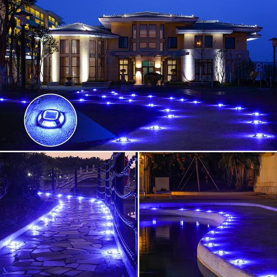 Quntis IP68 Solar Bodenleuchten Außen 4Pack Aluminium Solar Deck lights Outdoor Blau/Weiß, 20 Tonnen belastbar, Wasserdichte Solarlampen Solarleuchten Bodenstrahler für Garten Weg Deck Garage Hof