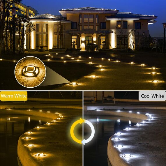 Quntis IP68 Solar Bodenleuchten Außen 4Pack Aluminium Solar Deck lights Outdoor Waemweiß/Kaltweiß, 20 Tonnen belastbar, Wasserdichte Solarlampen Solarleuchten Bodenstrahler für Garten Weg Garage Hof