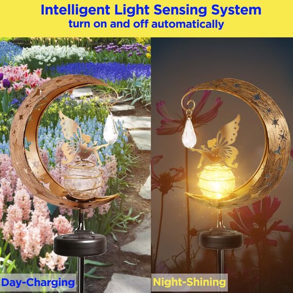 Mond Solarlampen für Außen Garten Deko Solar Gartenleuchten Terassendeko Gartendeko für Draußen Wetterfest Solarleuchten Wegeleuchte mit Blumenfee, Terrasse Rasen