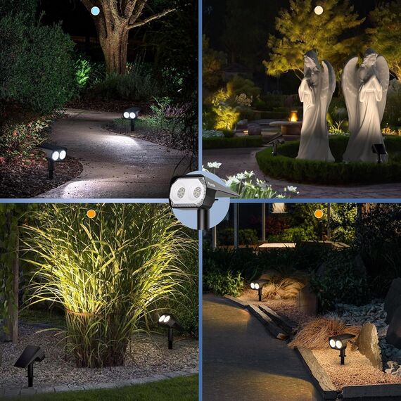 Quntis 4 Pack Solarstrahler für außen Garten, Solar Spots Warmweiß Kaltweiß Neutralweiß 26 LED Gartenstrahler USB-C-Aufladung IP65 wasserdichte Solarleuchte Dimmbare Solarlampe für Garten Baum Pflanze