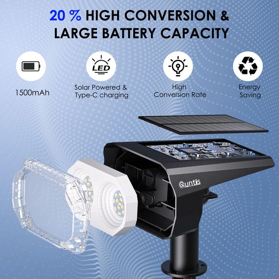 Quntis 4 Pack Solarstrahler für außen Garten, Solar Spots Warmweiß Kaltweiß Neutralweiß 26 LED Gartenstrahler USB-C-Aufladung IP65 wasserdichte Solarleuchte Dimmbare Solarlampe für Garten Baum Pflanze