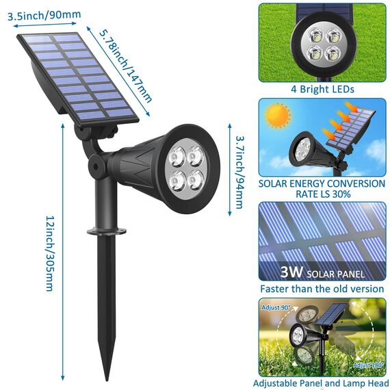 T-SUNUS Gartenstrahler Solar, 4 LED Solarlampen für Außen Garten, Solarstrahler für Außen mit 2 Helligkeitsmodi, IP65 Wasserdicht für Baum Yard Patio (2 Stück Grün)