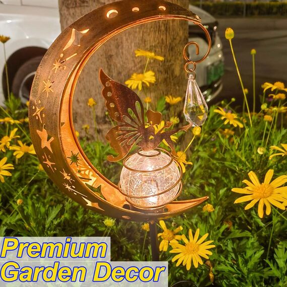 Mond Solarlampen für Außen Garten Deko Solar Gartenleuchten Terassendeko Gartendeko für Draußen Wetterfest Solarleuchten Wegeleuchte mit Blumenfee, Terrasse Rasen