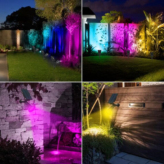 T-SUNUS Solarstrahler Garten Mehrfarbig, Solarstrahler für Außen RGB, Solar Gartenleuchte Garten Farbig, IP65 Wasserdicht mit 7 Farbwechsel für Baum Terrasse Gartenweg Rasen 4 Stücke