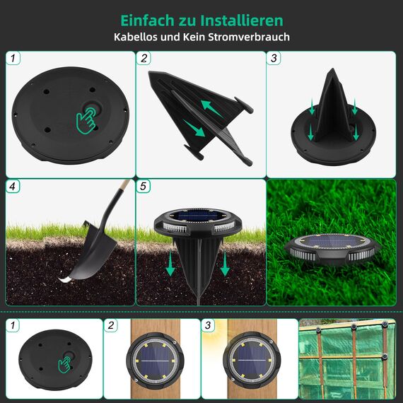 Ansody 8 Stück Solar Bodenleuchte Aussen 10 LEDS Solarlampen für Außen Garten IP65 Wasserdicht Upgrade Warmweiß+Blau Solar Gartenleuchte für Gärten, Innenhöfe, Rasenflächen, Terrassen, Schwarz