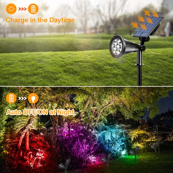 T-SUNUS Solarstrahler Garten Mehrfarbig, Solarstrahler für Außen RGB, Solar Gartenleuchte Garten Farbig, IP65 Wasserdicht mit 7 Farbwechsel für Baum Terrasse Gartenweg Rasen 4 Stücke