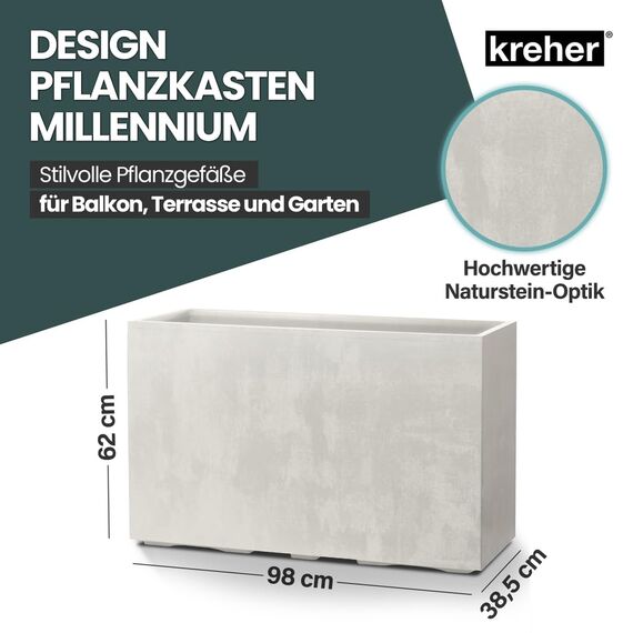 Kreher XL Pflanzkasten Millennium in verschiedenen Formaten und Farben. Tolle Naturstein Optik in Braun, Beige, Anthrazit oder Grau! Aus robustem Kunststoff! (XL Raumteiler (rechteckig) in Creme Weiß)