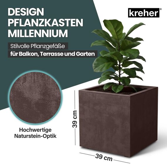 Kreher XL Pflanzkasten Millennium in verschiedenen Formaten und Farben. Tolle Naturstein Optik in Braun, Beige, Anthrazit oder Grau! Aus robustem Kunststoff! (40 Liter Braun)
