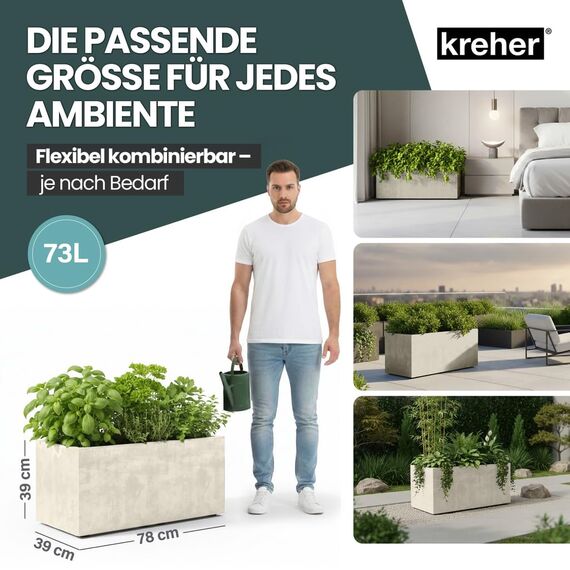 Kreher XL Pflanzkasten Millennium in verschiedenen Formaten und Farben. Tolle Naturstein Optik in Braun, Beige, Anthrazit oder Grau! Aus robustem Kunststoff! (73 Liter (rechteckig) Beige)