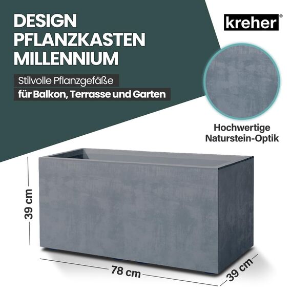 Kreher XL Pflanzkasten Millennium in verschiedenen Formaten und Farben. Tolle Naturstein Optik in Braun, Beige, Anthrazit oder Grau! Aus robustem Kunststoff! (73 Liter (Rechteckig) Grau)