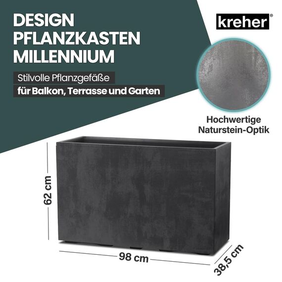 Kreher XL Pflanzkasten Millennium in verschiedenen Formaten und Farben. Tolle Naturstein Optik in Braun, Beige, Anthrazit oder Grau! Aus robustem Kunststoff! (XL Raumteiler (rechteckig) in Anthrazit)