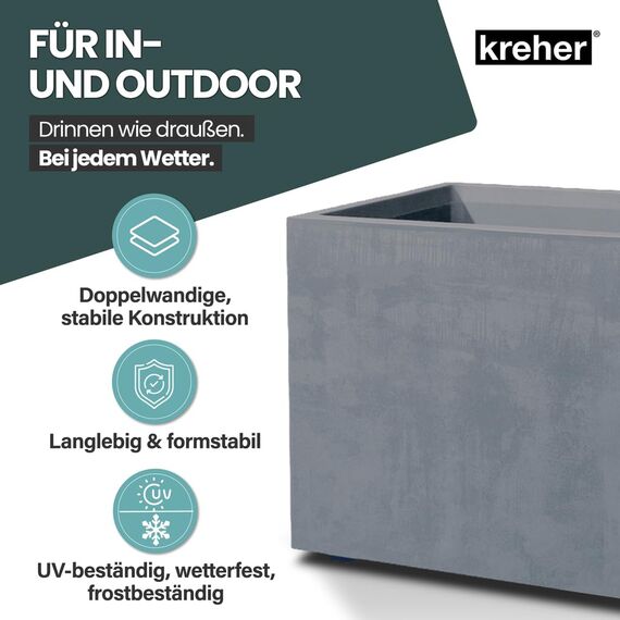 Kreher XL Pflanzkasten Millennium in verschiedenen Formaten und Farben. Tolle Naturstein Optik in Braun, Beige, Anthrazit oder Grau! Aus robustem Kunststoff! (73 Liter (Rechteckig) Grau)