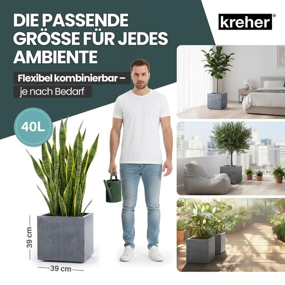 Kreher XL Pflanzkasten Millennium in verschiedenen Formaten und Farben. Tolle Naturstein Optik in Braun, Beige, Anthrazit oder Grau! Aus robustem Kunststoff! (40 Liter Grau)