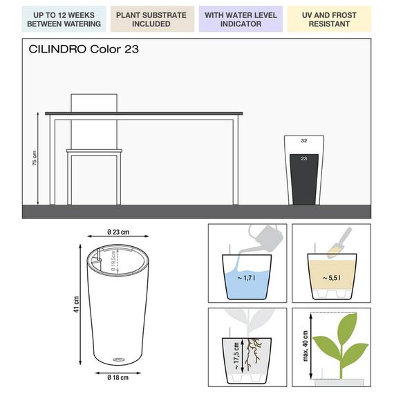 LECHUZA CILINDRO Color 23 hochwertiges Pflanzgefäß mit Erd-Bewässerungs-System, sunset orange, 23x23x41 cm
