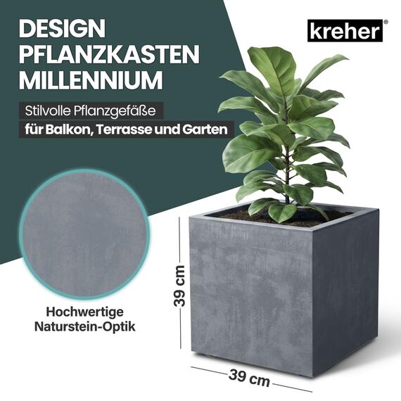 Kreher XL Pflanzkasten Millennium in verschiedenen Formaten und Farben. Tolle Naturstein Optik in Braun, Beige, Anthrazit oder Grau! Aus robustem Kunststoff! (40 Liter Grau)