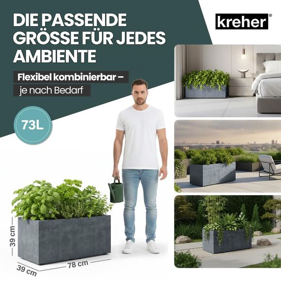 Kreher XL Pflanzkasten Millennium in verschiedenen Formaten und Farben. Tolle Naturstein Optik in Braun, Beige, Anthrazit oder Grau! Aus robustem Kunststoff! (73 Liter (Rechteckig) Grau)
