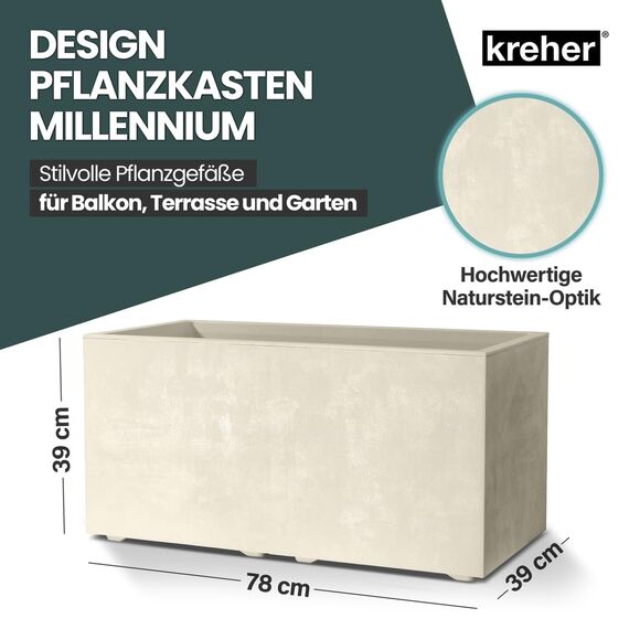 Kreher XL Pflanzkasten Millennium in verschiedenen Formaten und Farben. Tolle Naturstein Optik in Braun, Beige, Anthrazit oder Grau! Aus robustem Kunststoff! (73 Liter (rechteckig) Beige)