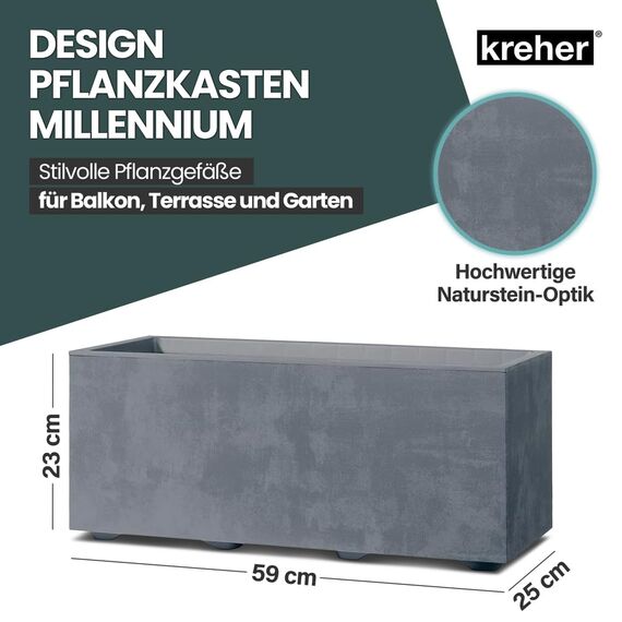 Kreher XL Pflanzkasten Millennium in verschiedenen Formaten und Farben. Tolle Naturstein Optik in Braun, Beige, Anthrazit oder Grau! Aus robustem Kunststoff! (23 Liter (rechteckig) Grau)