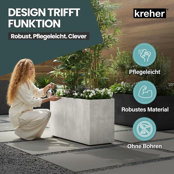 Kreher XL Pflanzkasten Millennium in verschiedenen Formaten und Farben. Tolle Naturstein Optik in Braun, Beige, Anthrazit oder Grau! Aus robustem Kunststoff! (XL Raumteiler (rechteckig) in Creme Weiß)