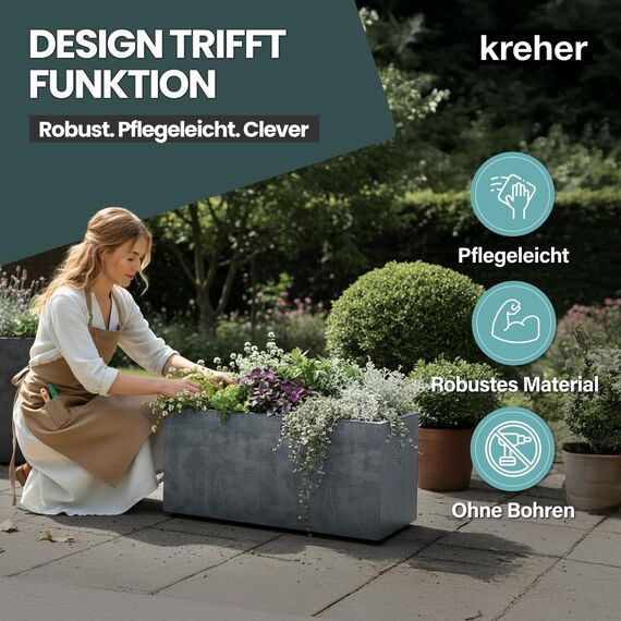 Kreher XL Pflanzkasten Millennium in verschiedenen Formaten und Farben. Tolle Naturstein Optik in Braun, Beige, Anthrazit oder Grau! Aus robustem Kunststoff! (73 Liter (Rechteckig) Grau)