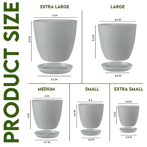 Utopia Home 5er-Pack Blumentopf 18/17/15/13/12 cm Übertopf mit Untertasse Für Küche, Balkon Blumentöpfe mit Untertasse Gartenpflanzen, Baumschule Blumentopf für Zimmerpflanzen Grau.