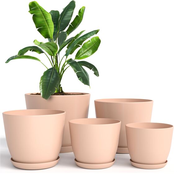 Utopia Home 5er-Pack Blumentopf 18/17/15/13/12 cm Übertopf mit Untertasse Für Küche, Balkon Blumentöpfe mit Untertasse Gartenpflanzen, Baumschule Blumentopf für Zimmerpflanzen Rosa.