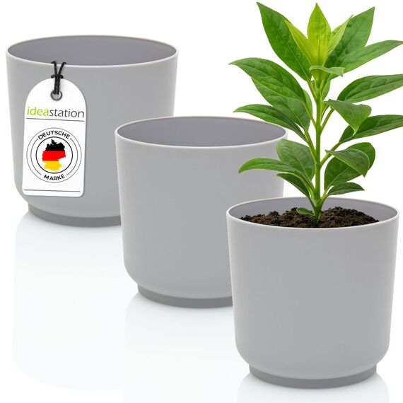 idea-station Sati Blumentopf Set 3 x 13 cm - grau - bruchsichere Blumentöpfe aus Plastik für verschiedenste Pflanzen, Blumen einsetzbar - Matte Übertöpfe für innen und außen