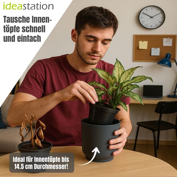 idea-station Sati Blumentopf Set 3 x 15 cm - anthrazit - Stabiler Blumentopf 15cm Durchmesser aus Plastik für verschiedenste Pflanzen und Blumen - Matte Übertöpfe für Zimmerpflanzen