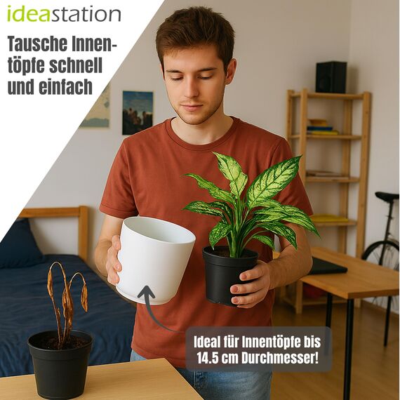 idea-station Sati Blumentopf Set 3 x 15 cm - weiß - bruchsichere Blumentöpfe aus Plastik für verschiedenste Pflanzen, Blumen - Matte Übertöpfe für innen und außen