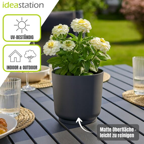 idea-station Sati Blumentopf Set 3 x 15 cm - anthrazit - Stabiler Blumentopf 15cm Durchmesser aus Plastik für verschiedenste Pflanzen und Blumen - Matte Übertöpfe für Zimmerpflanzen