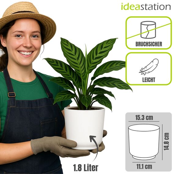 idea-station Sati Blumentopf Set 3 x 15 cm - weiß - bruchsichere Blumentöpfe aus Plastik für verschiedenste Pflanzen, Blumen - Matte Übertöpfe für innen und außen
