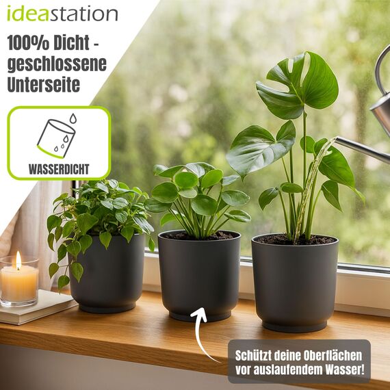 idea-station Sati Blumentopf Set 3 x 15 cm - anthrazit - Stabiler Blumentopf 15cm Durchmesser aus Plastik für verschiedenste Pflanzen und Blumen - Matte Übertöpfe für Zimmerpflanzen
