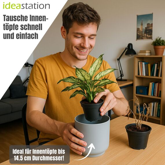 idea-station Sati Blumentopf Set 3 x 15 cm - grau - bruchsichere Blumentöpfe aus Plastik für verschiedenste Pflanzen, Blumen - Matte Übertöpfe für innen und außen