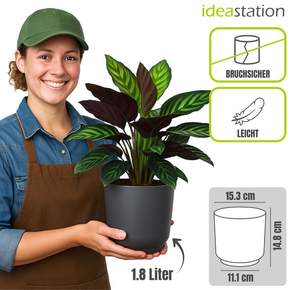 idea-station Sati Blumentopf Set 3 x 15 cm - anthrazit - Stabiler Blumentopf 15cm Durchmesser aus Plastik für verschiedenste Pflanzen und Blumen - Matte Übertöpfe für Zimmerpflanzen