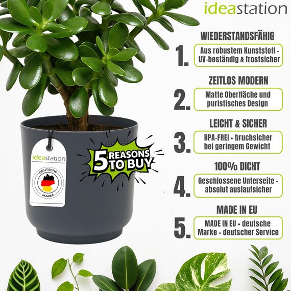 idea-station Sati Blumentopf Set 3 x 15 cm - anthrazit - Stabiler Blumentopf 15cm Durchmesser aus Plastik für verschiedenste Pflanzen und Blumen - Matte Übertöpfe für Zimmerpflanzen