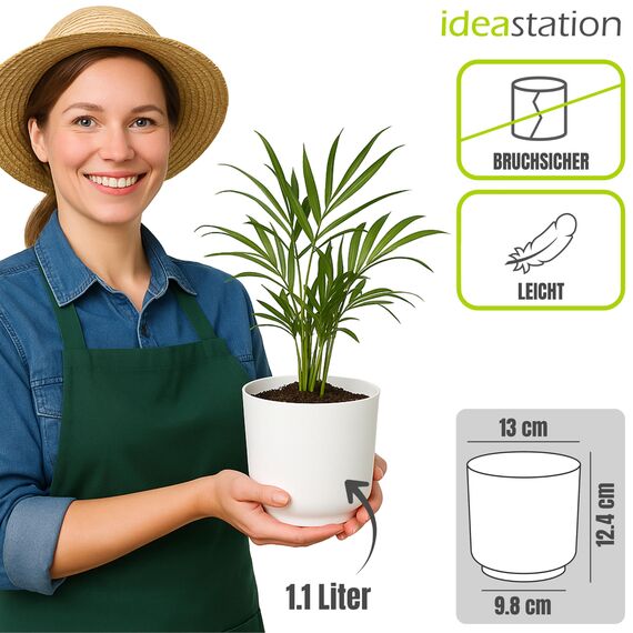 idea-station Sati Blumentopf Set 3 x 13 cm - weiß - bruchsichere Blumentöpfe aus Plastik für verschiedenste Pflanzen, Blumen - Matte Übertöpfe für innen und außen