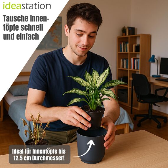 idea-station Sati Blumentopf Set 3 x 13 cm - anthrazit - bruchsichere Blumentöpfe aus Plastik für verschiedenste Pflanzen, Blumen - Matte Übertöpfe für innen und außen