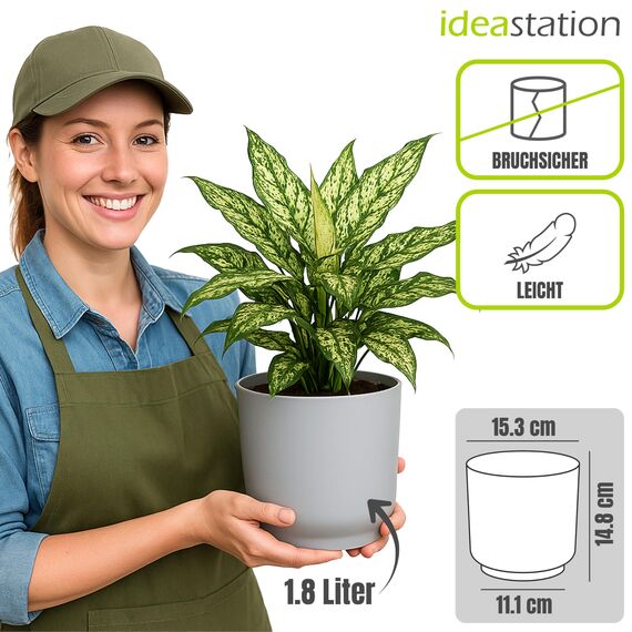 idea-station Sati Blumentopf Set 3 x 15 cm - grau - bruchsichere Blumentöpfe aus Plastik für verschiedenste Pflanzen, Blumen - Matte Übertöpfe für innen und außen