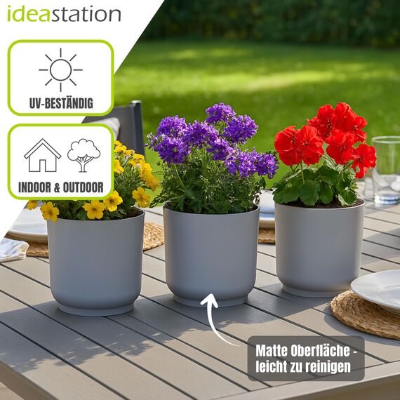 idea-station Sati Blumentopf Set 3 x 15 cm - grau - bruchsichere Blumentöpfe aus Plastik für verschiedenste Pflanzen, Blumen - Matte Übertöpfe für innen und außen